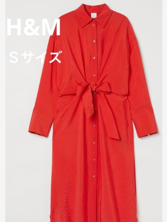 H&M Dresses & Skirts - H&M Front Tie Maxi Shirt Dress Red Crinkle Fabric Oversize Unlined Side Slits XL